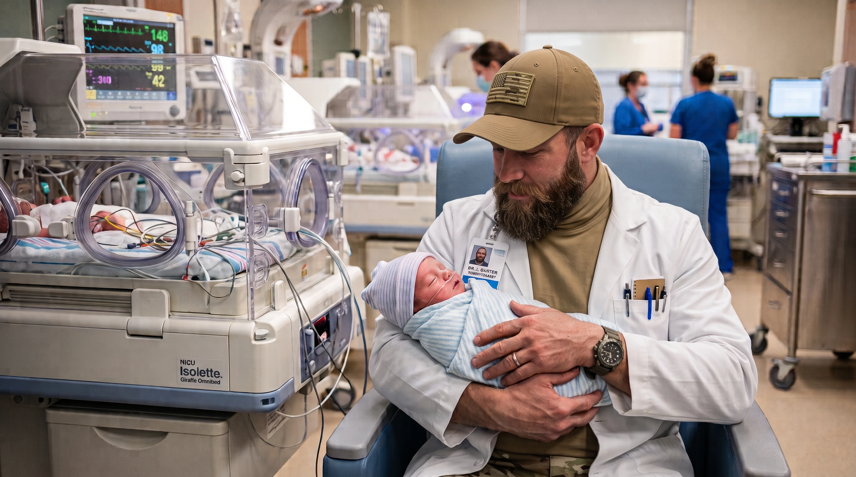 A veteran physician in a field cap and white coat holds a swaddled newborn beside a NICU incubator.